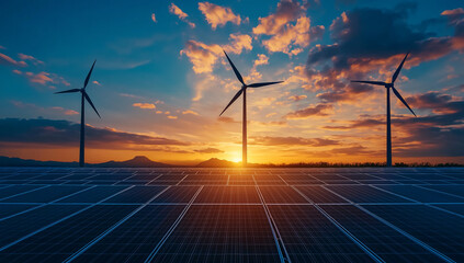 Modern solar panels and wind turbines at sunset, showcasing renewable energy. vibrant sky and landscape highlight importance of sustainable energy solutions