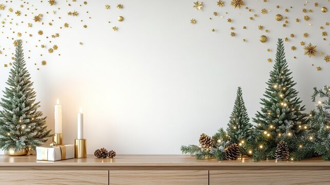 A wall with an elegant, neutral color scheme is decorated for Christmas. A small wooden cabinet is adorned with festive decorations, such as gold paper trees and white candles.