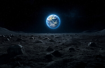 stunning view of lunar surface with Earth visible in background, showcasing stark contrast between moon rugged terrain and vibrant colors of our planet