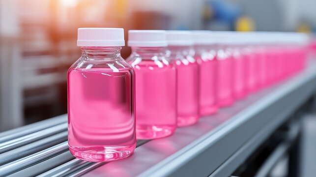 A modern production line featuring rows of pink beverage bottles. The bottles are neatly aligned on a conveyor belt, showcasing the automated manufacturing process in a factory.