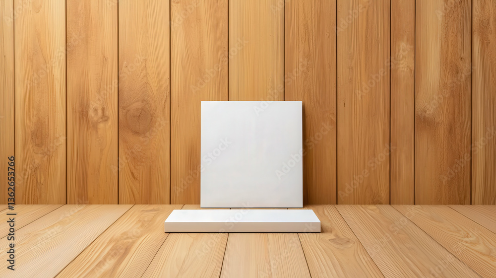 Aufkleber minimalist display of blank canvas and base on wooden background in bright environment