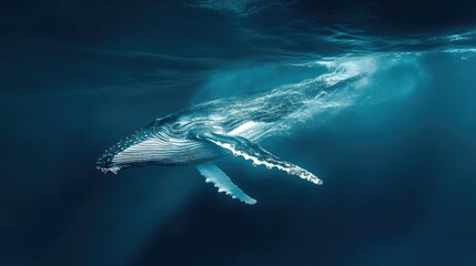 Fototapeta premium A humpback whale breaching the surface of the sea, creating a dramatic splash in the clear blue waters.