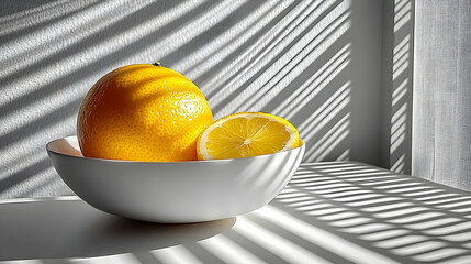 Oranges in a bowl sit in sunlit corner; shadow stripes on walls
