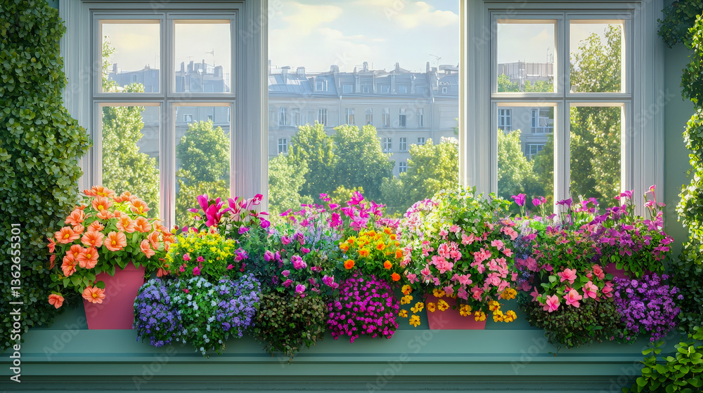 Poster vibrant flower garden view from a window showcasing colorful blooms in planters during a sunny day