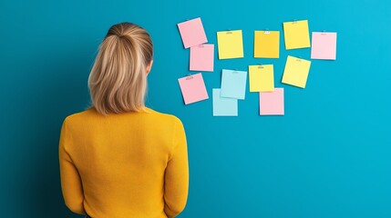 A person in a yellow sweater stands in front of a blue wall covered in colorful sticky notes, symbolizing brainstorming, organization, and creative planning in a modern workspace.
