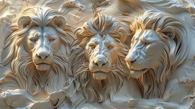 Beautiful lions 3d relief wallpaper. Mural wallpaper. Wall art. AI generated illustration. 