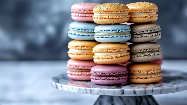 Colorful French macarons stacked on a decorative plate against a blurred background enhancing their appeal