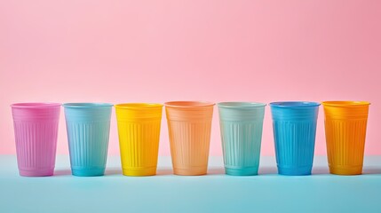 A minimalist shot of plastic cups in various bright colors, each standing independently against a clean backdrop.