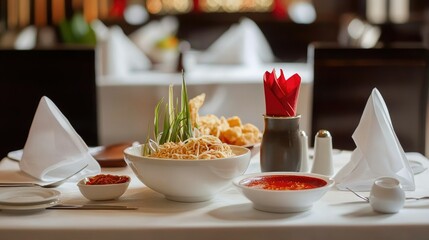 A set table with Thai dishes like Tom Yum soup, fried noodles, and a side of chili dipping sauce.