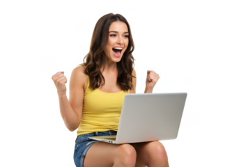 Excited young woman sitting on chair with laptop, shouting yes as winner isolated on White background PNG transparent background