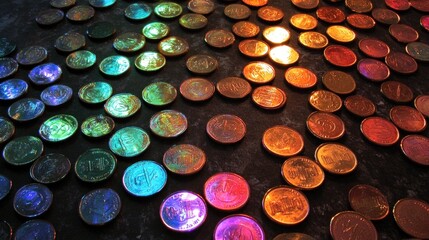 Colorful coins scattered, patterned display