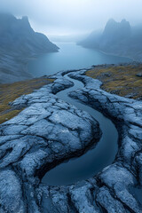 Mountainous terrain with lake views, pool, and fog in vertical format