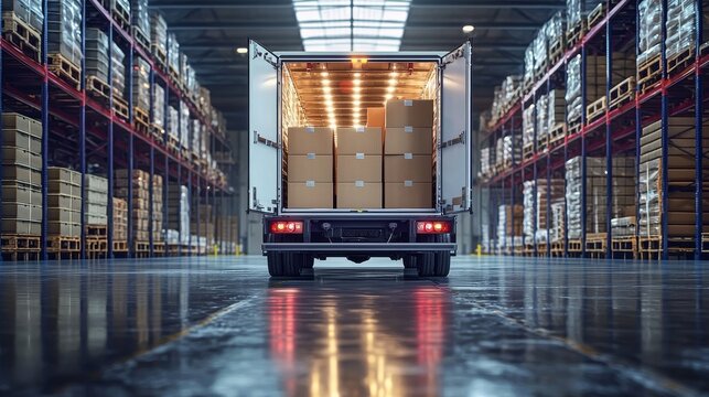 Delivery truck unloading in distribution warehouse with boxes, logistics solution