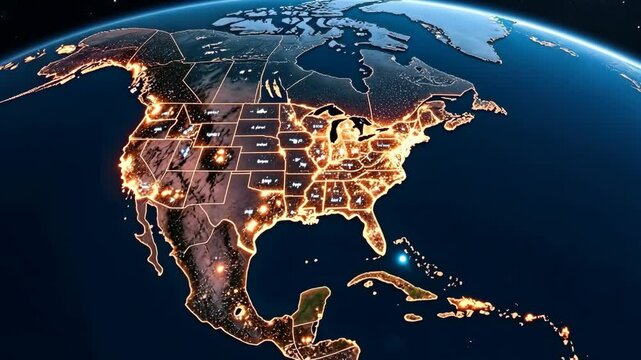 stunning aerial view of north america illuminated at night from space, concept of global connectivity and technology, mapping and geography, top view