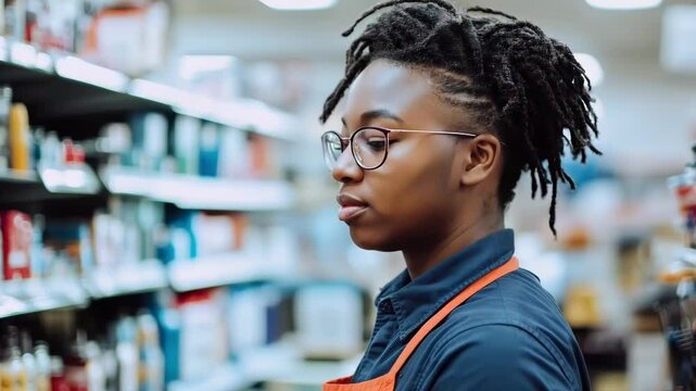 A cheerful employee wearing glasses and an apron engages with customers while expertly restocking shelves in a vibrant retail space filled with products and shoppers