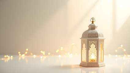Islamic white lantern with warm golden bokeh on a white background, perfect for Islamic festivities. Empty copy space for text. For Eid greeting cards, Ramadan Kareem, Eid al-Fitr, and Eid al-Adha.