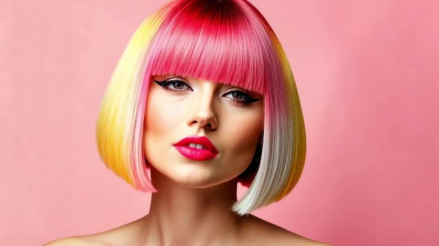 Vibrant woman with colorful bob hairstyle in pink, yellow, and white, showcasing bold makeup and confidence in every frame.