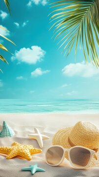 Vertical Vibrant Summer Advertisement Background with Summer Elements Like Sunglasses, Fruits, and Starfish &ndash; Perfect for Marketing, Promotions, and Graphic Design
