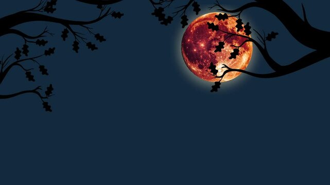 Mystical Blood Moon Night Sky with Silhouette Tree