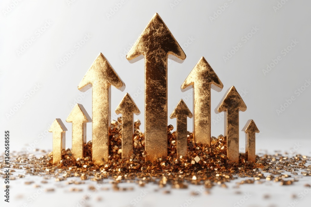 Poster increasing growth represented by golden arrows and shiny glitter on a smooth surface