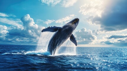 Fototapeta premium A whale breaching with its full body above the water, surrounded by vibrant blue ocean and an expansive sky.