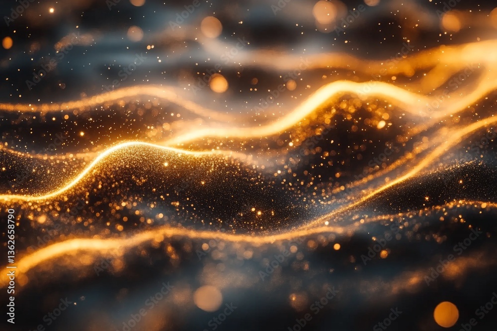 Poster Golden light waves create a shimmering effect in a dark space during a tranquil evening