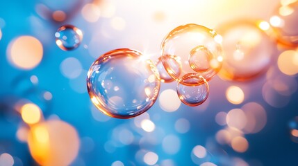 Bubbles sparkling in a blue background with soft light reflections.
