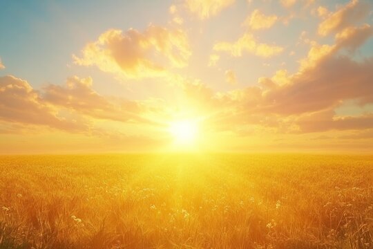 Golden sunrise illuminates the vast landscape with vibrant hues over the open field and clouds