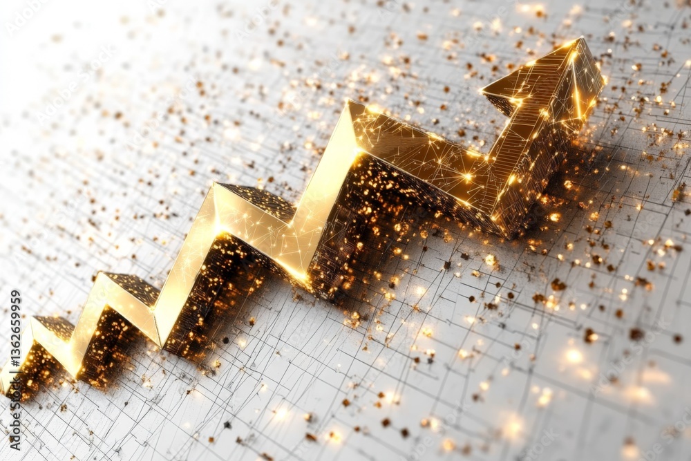 Poster upward trend displayed through a golden arrow shows growth and success in analytics in a business en