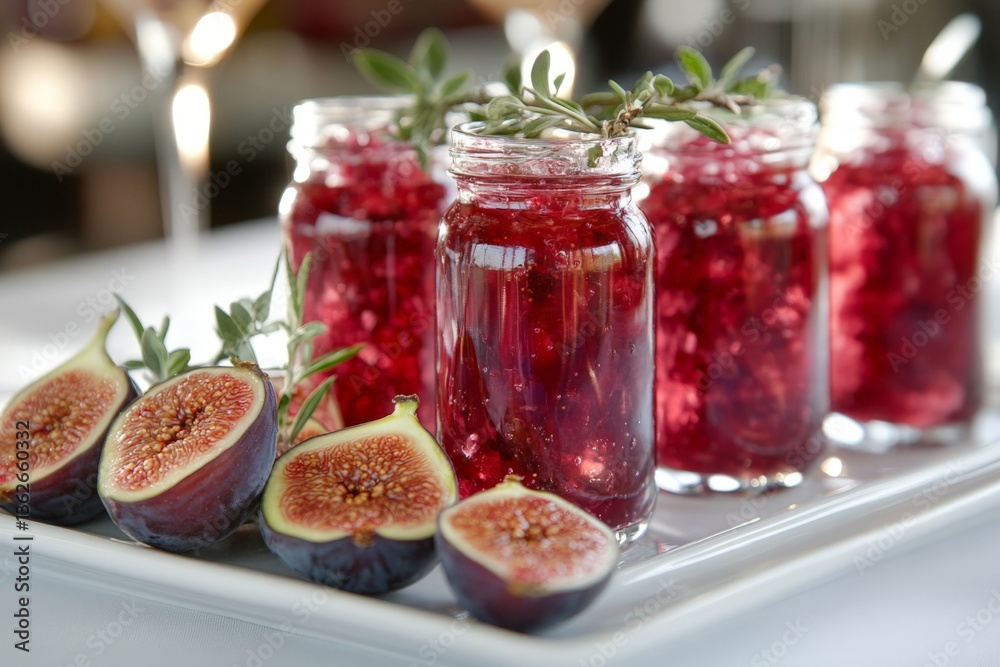 Poster fresh figs and homemade jam displayed on a serving tray at a cozy dining setting