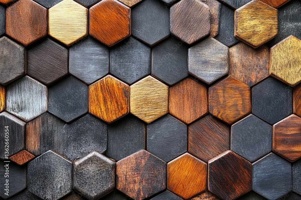 Aufkleber Textured wooden hexagonal tiles arranged in a captivating design showcasing various shades and finishes