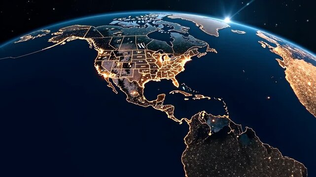 stunning aerial view of north america illuminated at night from space, concept of global connectivity and technology, mapping and geography, zoom out