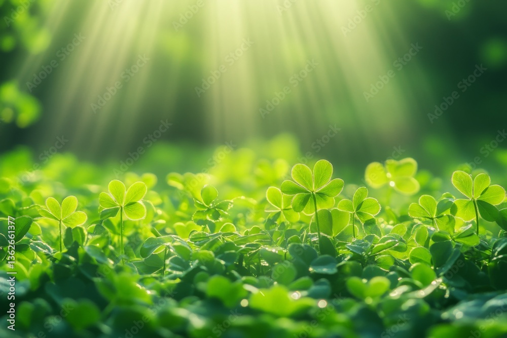 Poster sunlight filters through lush green clovers in a serene forest clearing during early morning hours