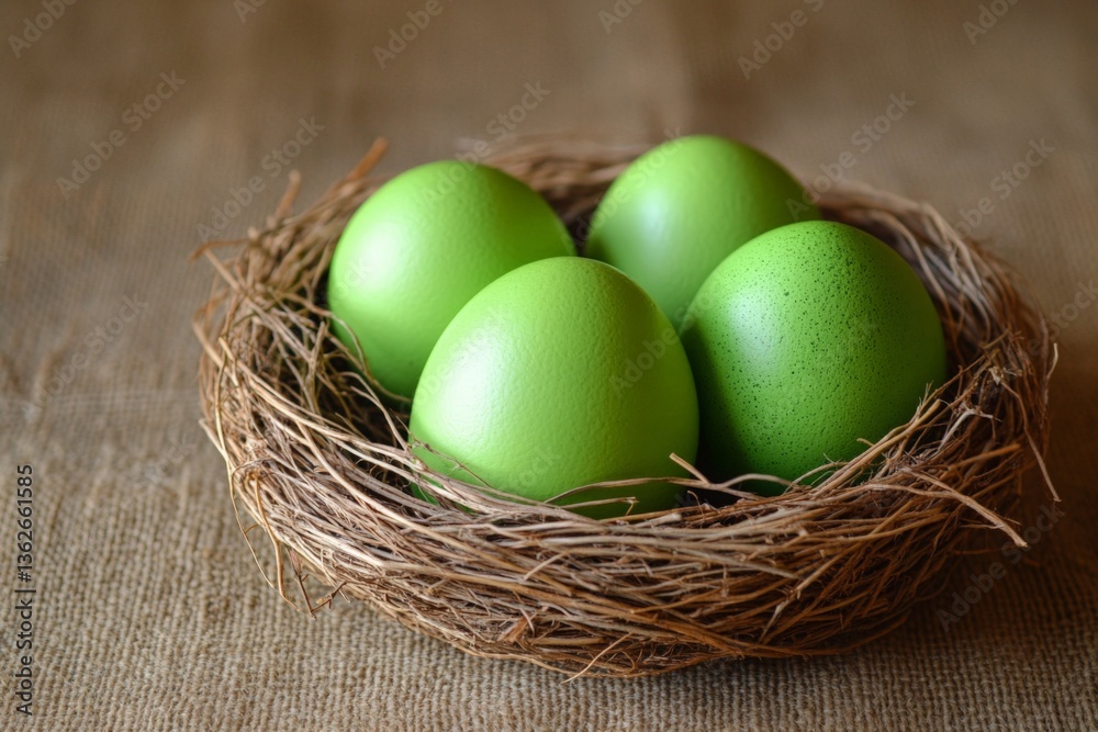 Aufkleber colorful green eggs nestled in a natural twig nest on a rustic surface create a vibrant and playful 