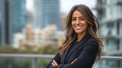 Fototapeta premium Confident businesswoman smiles, showcasing urban professionalism and success