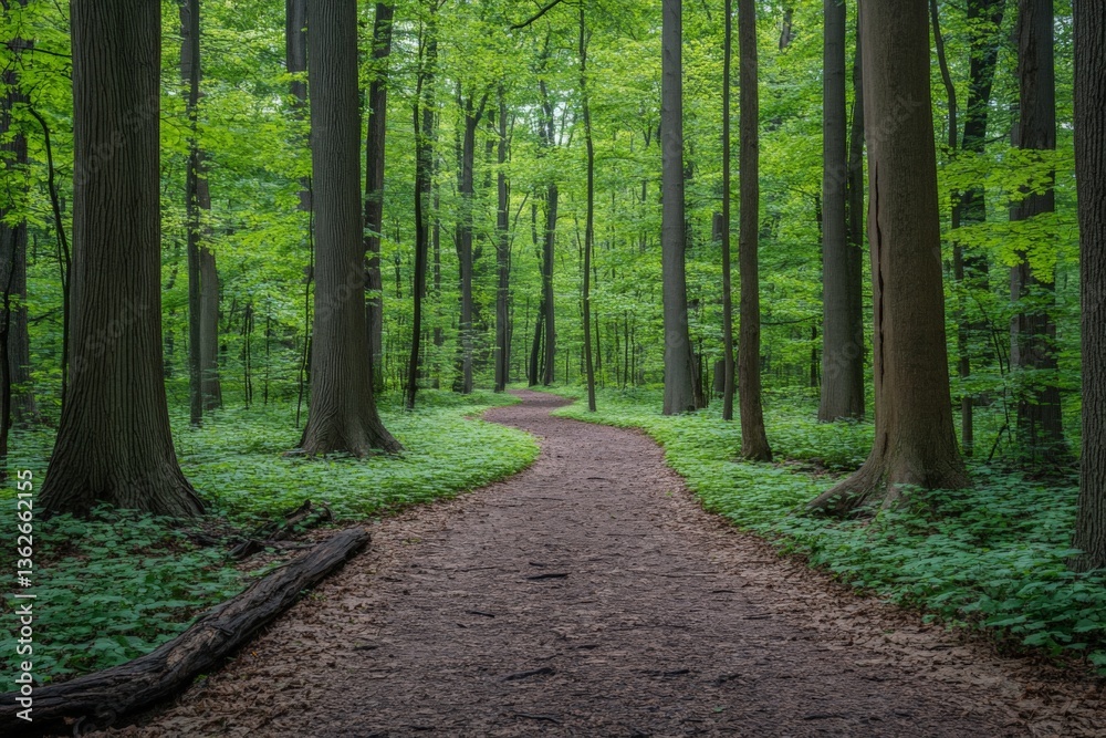 Poster Winding path through a lush green forest surrounded by towering trees on a calm day