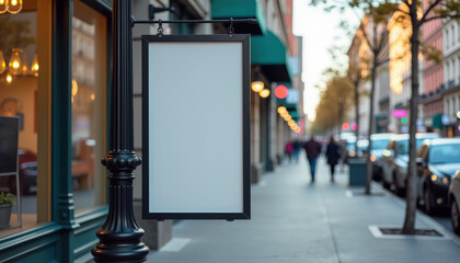Empty vertical advertising banner on sidewalk background