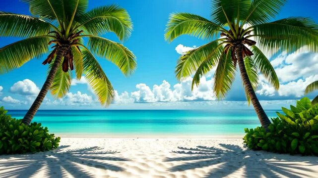 serene tropical beach view with lush palms over white sand and a clear turquoise ocean, concept of travel and leisure, holiday destinations, zoom out