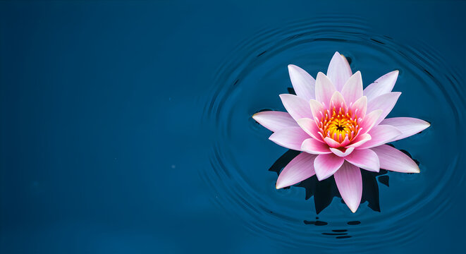 Pink lotus flower isolated on dark blue water background with copy space. Greeting card,  meditation banner. Religious and spiritual celebrations.