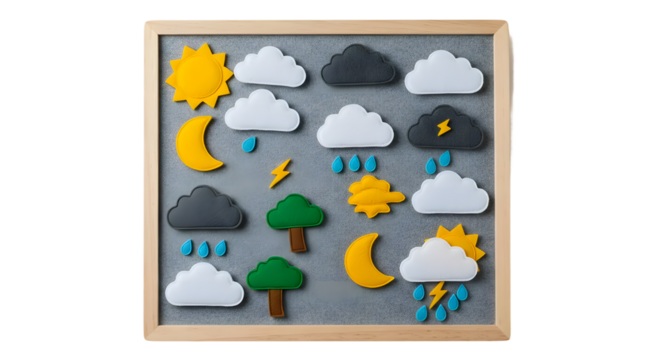 Colorful Weather Illustrations with Sun, Clouds, Rain, Trees, and Lightning on a Textured Background for Educational Use and Design Projects