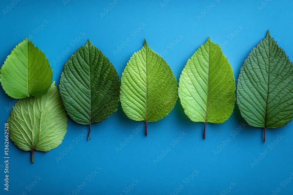 Poster variety of green leaves arranged on a blue background showcasing different shades and textures in a 