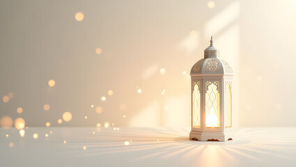 Fototapeta premium Islamic white lantern with warm golden bokeh on a white background, perfect for Islamic festivities. Empty copy space for text. For Eid greeting cards, Ramadan Kareem, Eid al-Fitr, and Eid al-Adha.