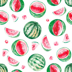 Seamless watercolor watermelon pattern, Pieces of painted watermelon on a transparent background