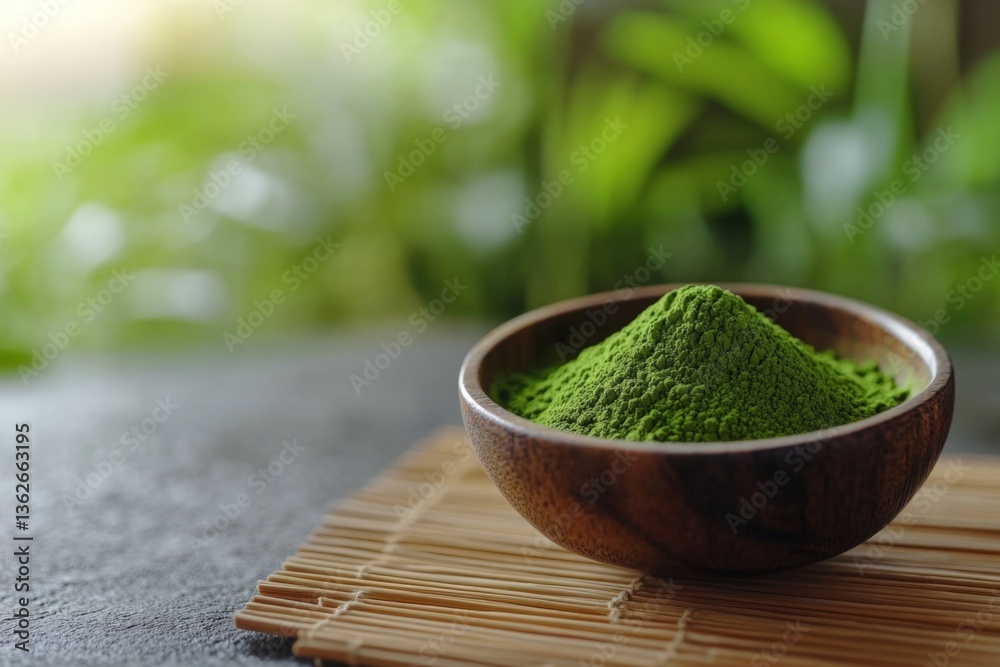 Poster green matcha powder displayed in a wooden bowl on a bamboo mat with a blurred green background in a 