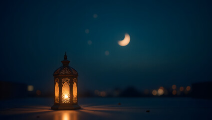 Lantern with crescent moon on night sky background with empty copy space text area. Islamic background, Eid greetings cards background. Design concept of Ramadan kareem, Eid al fitr, Eid ul adha.