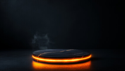 sleek black marble podium with glowing orange light ring, set against dark background, creates dramatic and modern atmosphere