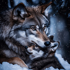 Fototapeta premium mother wolfdog shielding her pup from the cold 