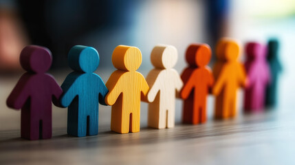 Row of wooden human-shaped figures in different colors standing hand in hand. Symbol of diversity, inclusion, teamwork, and community support. Concept of unity, social connection, equality in society