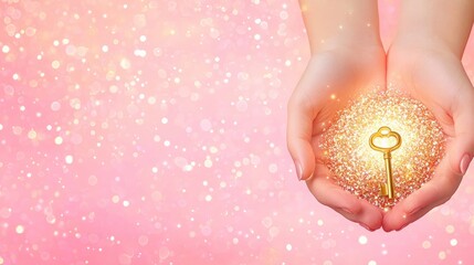 Mother day treasure devotion. A pair of hands cradles a shimmering golden key surrounded by sparkling particles on a soft pink background.