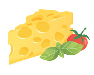 Maasdam cheese with basil and tomato. Organic farm food. Design element, cartoon flat illustration for logo, poster, menu. Isolated on white background. Vector illustration